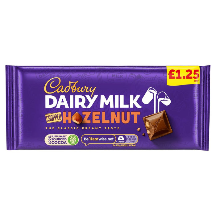 Cadbury Dairy Milk Chopped HazelNut Chocolate Bar, 95g (Case of 22)