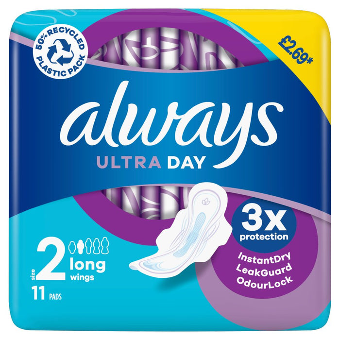 Always Ultra Day Pads Long (Size 2) 44 Dry Towels (11 x 4 Packs)