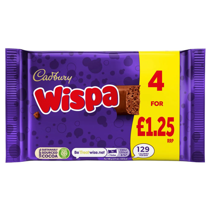 Cadbury Wispa Chocolate Bar 4 Pack Multipack 94.8g (Case of 11 Total 44 Bars)