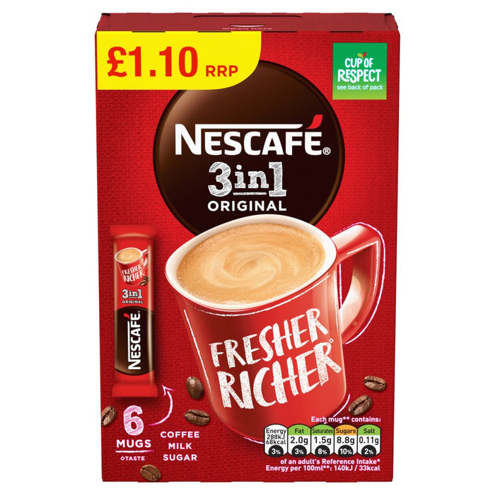 Nescafe Original 3in1 Instant Coffee 6 Sachets, 17g (Box of 11)
