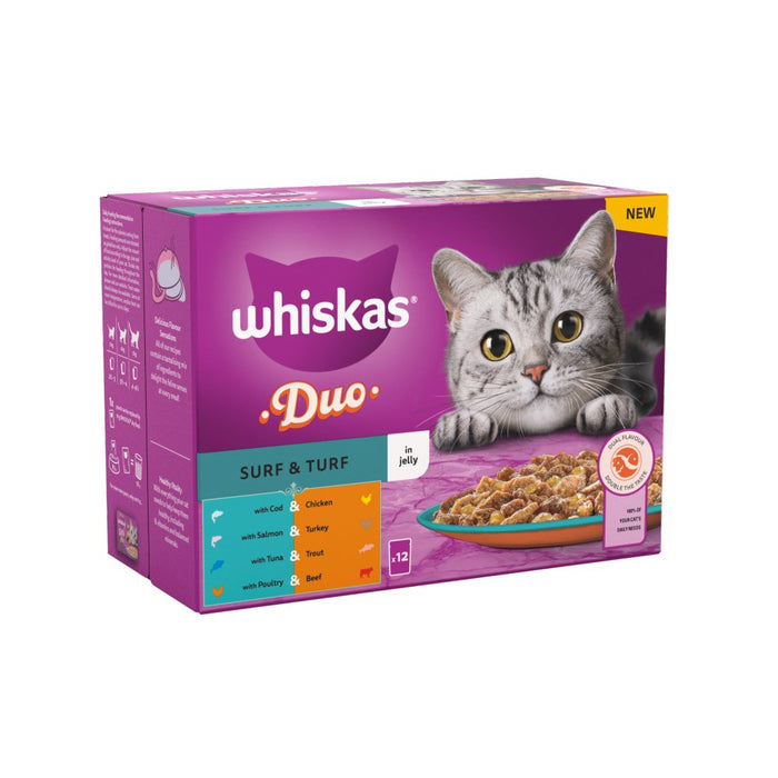 Whiskas 1+ Duo Surf and Turf Adult Wet Cat Food Pouches in Jelly 12x85g (Case of 4)