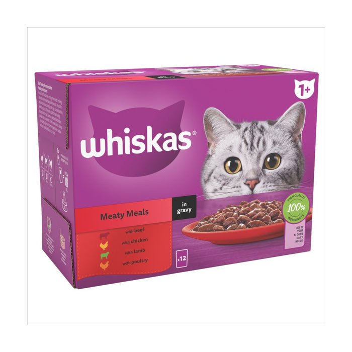 Whiskas 1+ Meaty Meals Adult Wet Cat Food Pouches in Gravy 12x85g (Case of 4)