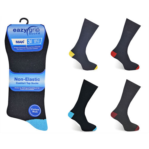 Mens Eazy Grip Non Elastic 3 Pairs Socks Coloured Heal & Toe