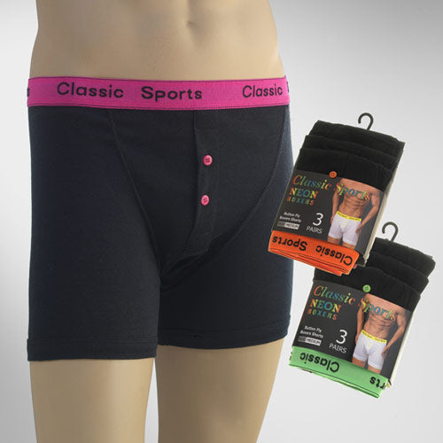 Mens Classic Sport Neon Button Fly Boxer (Pack of 3)