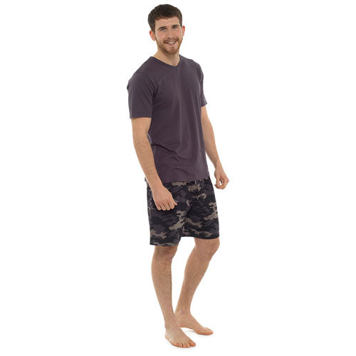 Mens V Neck Pyjama Set With Camo Printed Shorts
