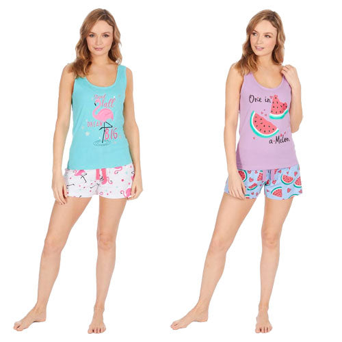 Ladies Shortie Pyjamas Melon/Flamingo Print