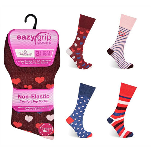Ladies Eazy Grip Non Elastic 3 Pairs Socks Hearts Spots —