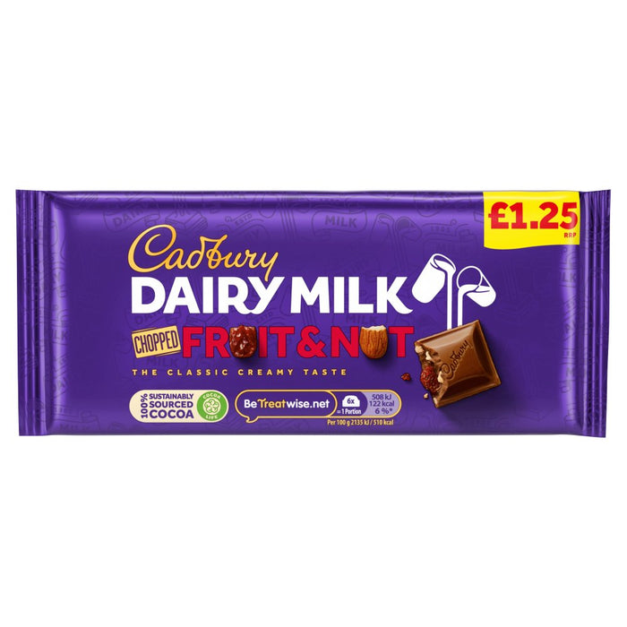 Cadbury Dairy Milk Fruit and Nut Chopped Chocolate Bar, 95g (Case of 22)