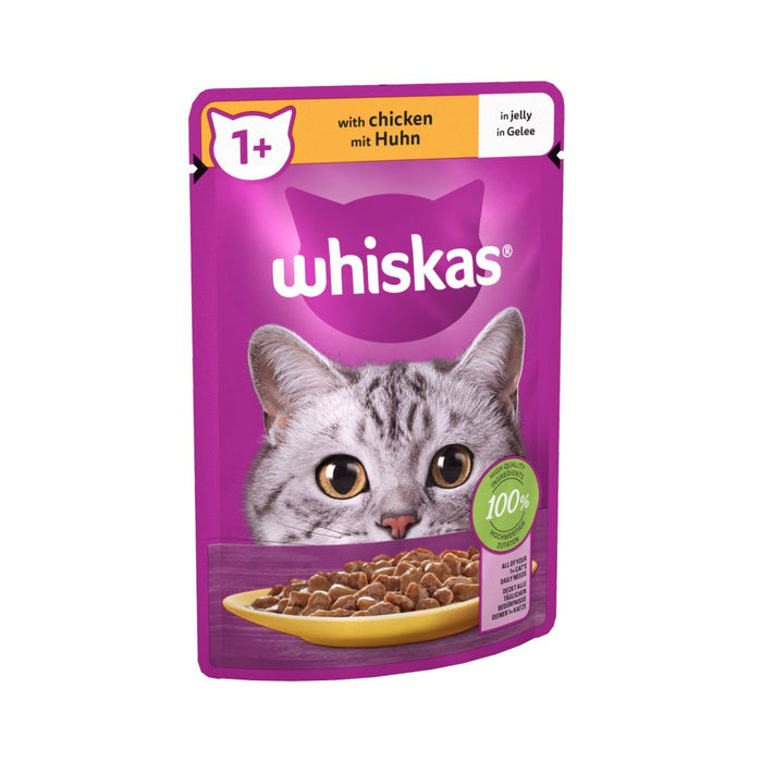 Whiskas 1+ Adult Wet Cat Food Pouches in Jelly with Chicken 85g (Box of 28)