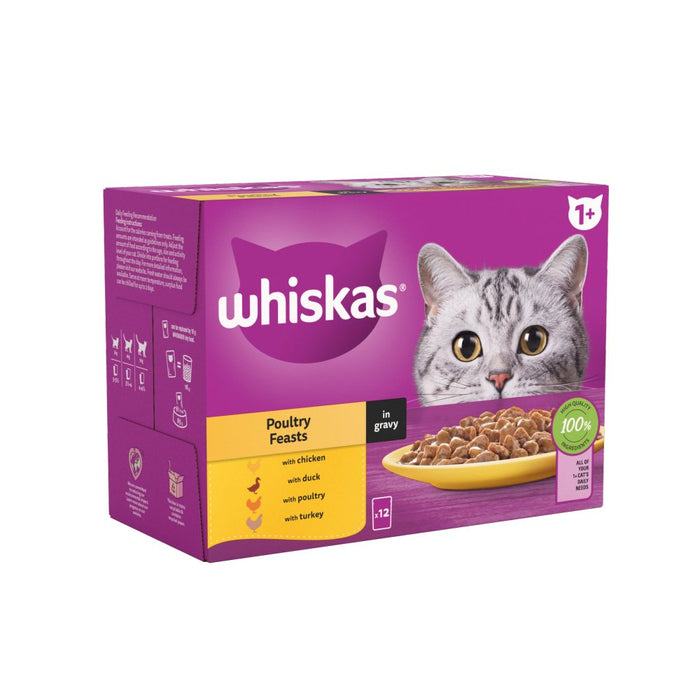 Whiskas 1+ Poultry Feasts Adult Wet Cat Food Pouches in Gravy 12x85g (Case of 4)